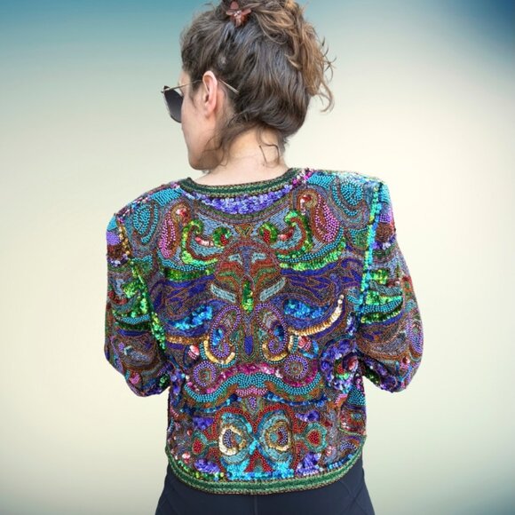DIANE FREIS Black 100% Silk Hand-Beaded Sequin Long Sleeve Jacket - Picture 1 of 5